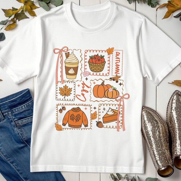 Cozy Season Graphic Tee Collage Pumkin Spice Sweater Weather Fall T-Shirt - Picture 2 of 4